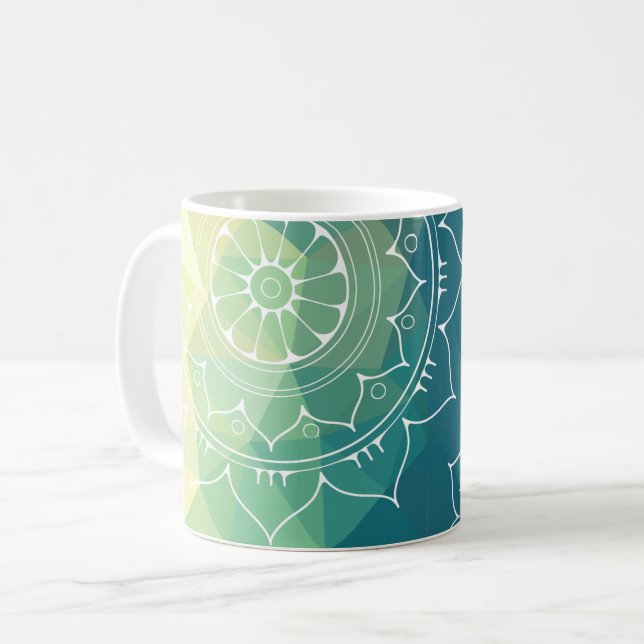 Mandala blue green yellow boho coffee mug (Front Left)