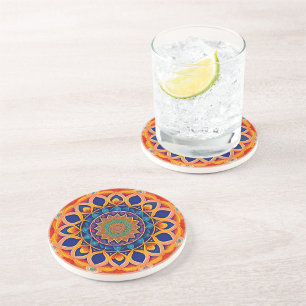 Mandala Blue Orange Colorful Coaster