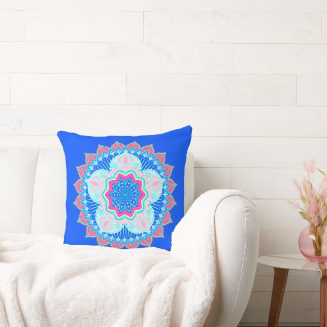 Mandala Blue Pink on Blue Background Cushion (Couch)
