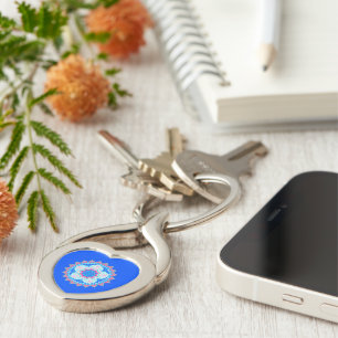 Mandala Blue Pink on Blue Background Key Ring
