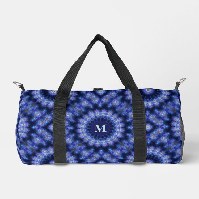 Mandala Blue Purple Pattern Monogram Duffle Bag (Front)
