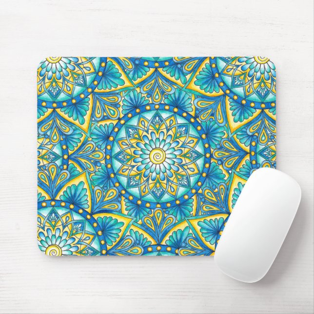 Mandala Blue Yellow Turquoise Pattern Mouse Pad (With Mouse)