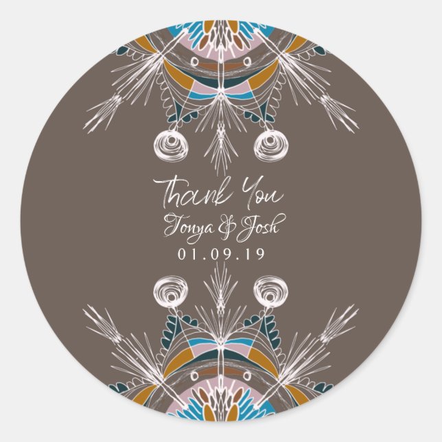 Mandala Bohemian Colourful Wedding Thank You Brown Classic Round Sticker (Front)