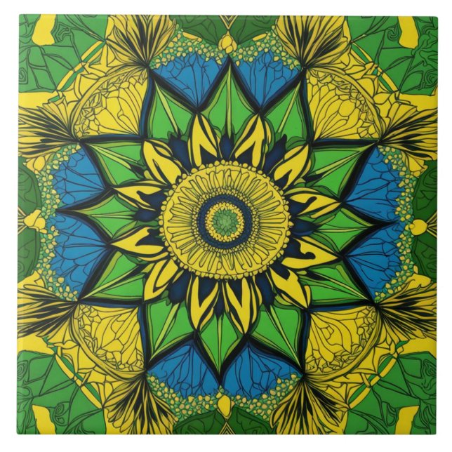 Mandala Bohemian Yellow, Green, Blue Tile (Front)