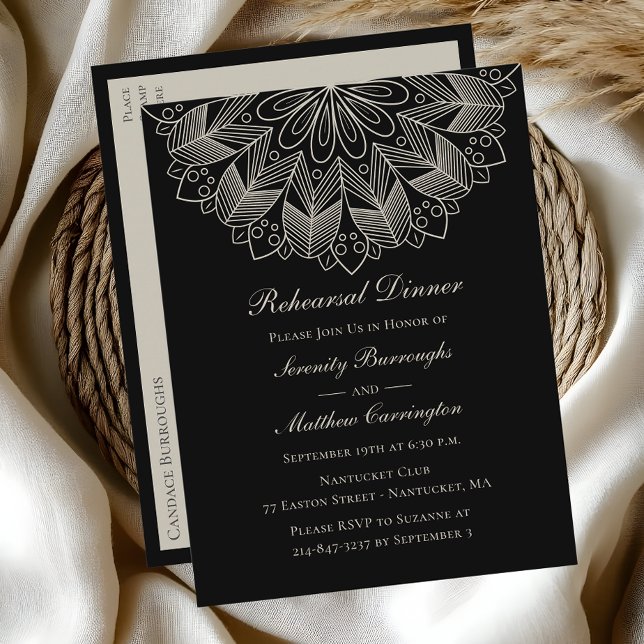 Mandala Boho Black Indian Wedding Rehearsal Dinner Invitation Postcard (Creator Uploaded)