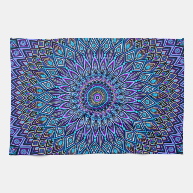 Mandala Boho Blue Teal Purple Peacock Colourful Tea Towel (Horizontal)