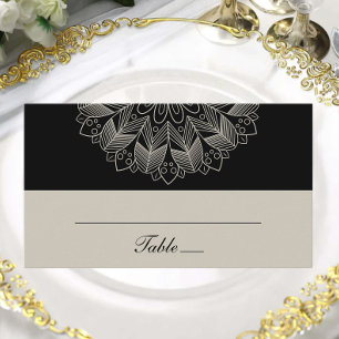 Mandala Boho Indian Elegant Black Wedding Escort Place Card