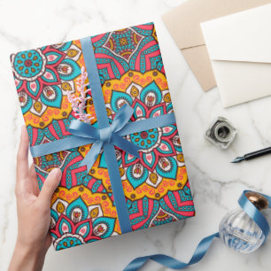 Mandala Circles  Pink Turquoise and Yellow  Wrapping Paper