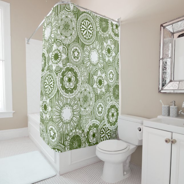 mandala cirque green white shower curtain (In Situ)