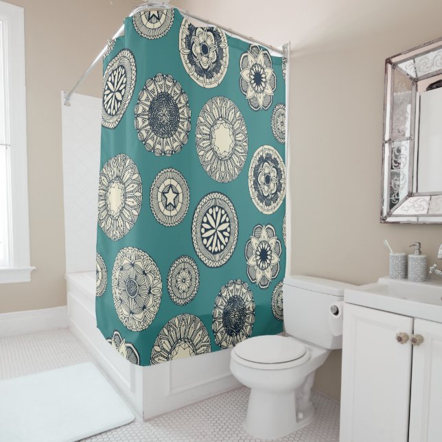 mandala cirque spot teal shower curtain (In Situ)