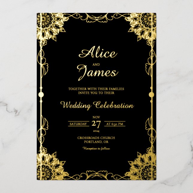 Mandala Classic Black Gold Foil Wedding Invitation (Front)