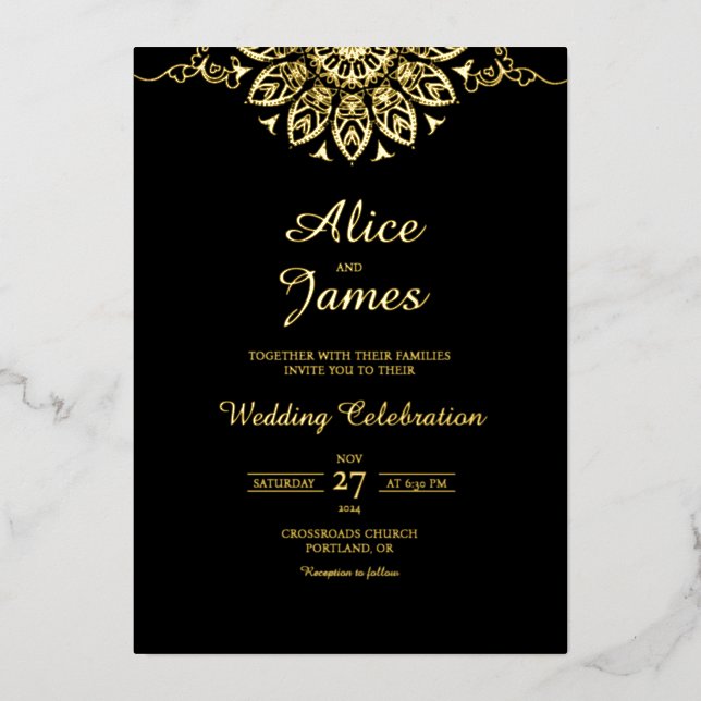 Mandala Classic Black Gold Foil Wedding Invitation (Front)