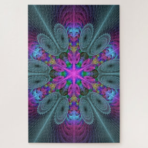 Mandala Colorful Spiritual Fractal Art With Pink Jigsaw Puzzle