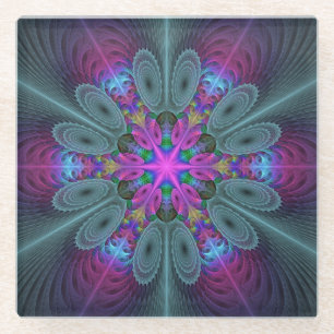 Mandala Colourful Spiritual Fractal Art With Pink Glass Coaster