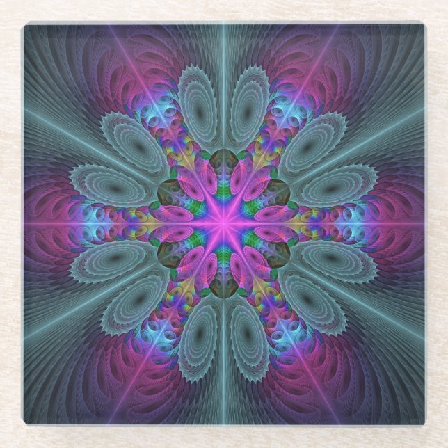 Mandala Colourful Spiritual Fractal Art With Pink Glass Coaster (Front)