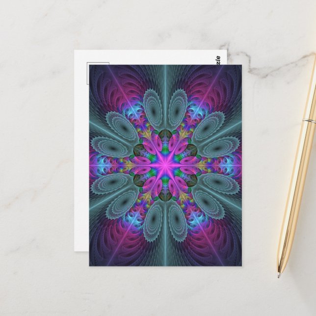 Mandala Colourful Striking Fractal Art Kaleidoscop Postcard (Front/Back In Situ)
