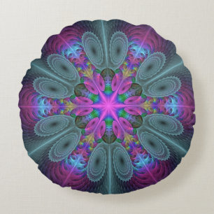 Mandala Colourful Striking Fractal Art Kaleidoscop Round Cushion
