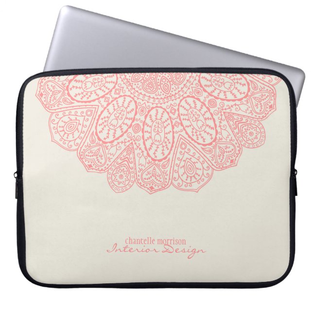 Mandala Coral Pink Hand Drawn Pattern Design Laptop Sleeve (Front)