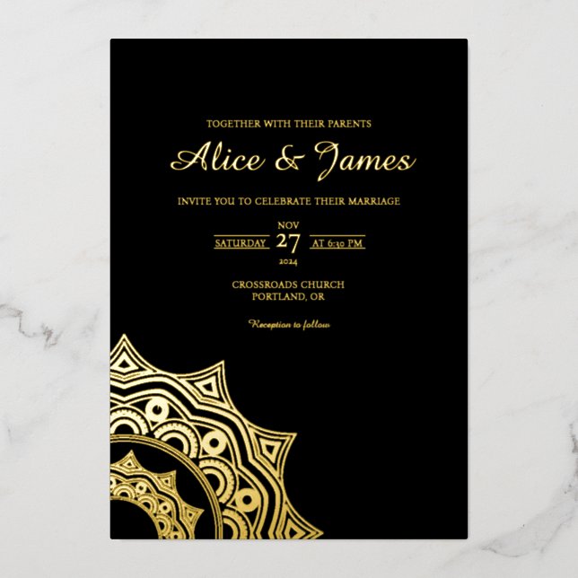 Mandala Corner Elegant Black Gold Foil Wedding (Front)
