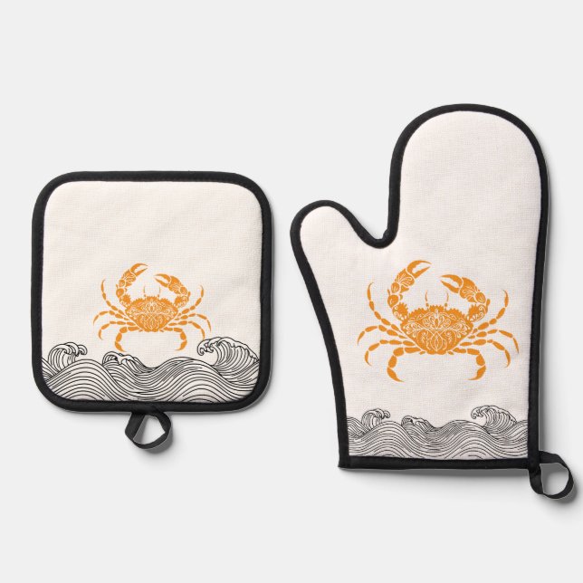 Mandala Crab  – Coastal Orange Kitchen Oven Mitt & Pot Holder Set (Front)