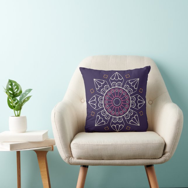 Mandala Decorative Throw Pillow – Purple Geometric (Chair)