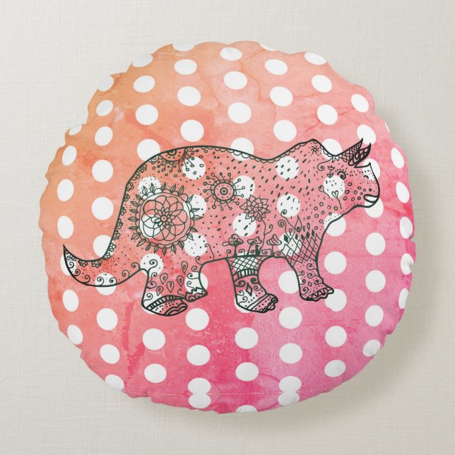 Mandala Dinosaur Drawing & Dots Round Cushion (Front)