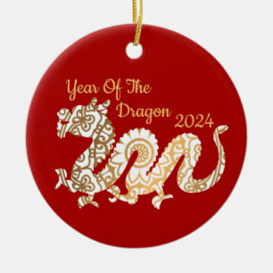 Mandala Dragon 2024 Chinese New Year Red Ceramic Tree Decoration