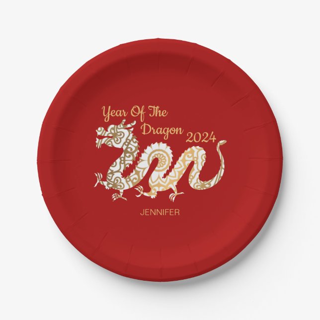 Mandala Dragon 2024 Chinese New Year Red Paper Plate (Front)
