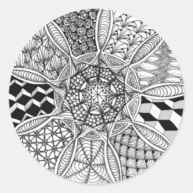 Mandala Drawing in Black and White Classic Round Sticker (Front)