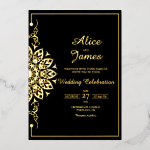 Mandala Elegant Black Gold Foil Wedding Invitation