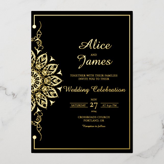Mandala Elegant Black Gold Foil Wedding Invitation (Front)