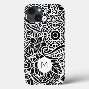 Mandala Floral Modern Monogram INITIAL Black White iPhone 13 Case