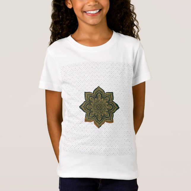 Mandala Flower Art. Green Gold Zen Decor T-Shirt (Front)