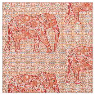 Mandala flower elephant - coral orange and white fabric