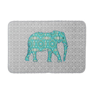 Mandala flower elephant - turquoise, grey & white bath mat