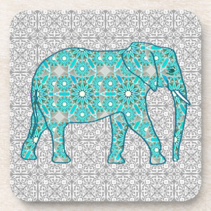 Mandala flower elephant - turquoise, grey & white coaster