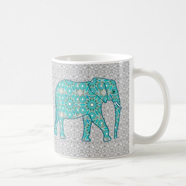 Mandala flower elephant - turquoise, grey & white coffee mug (Right)