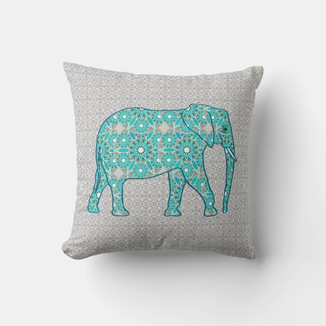 Mandala flower elephant - turquoise, grey & white cushion (Front)