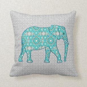 Mandala flower elephant - turquoise, grey & white cushion