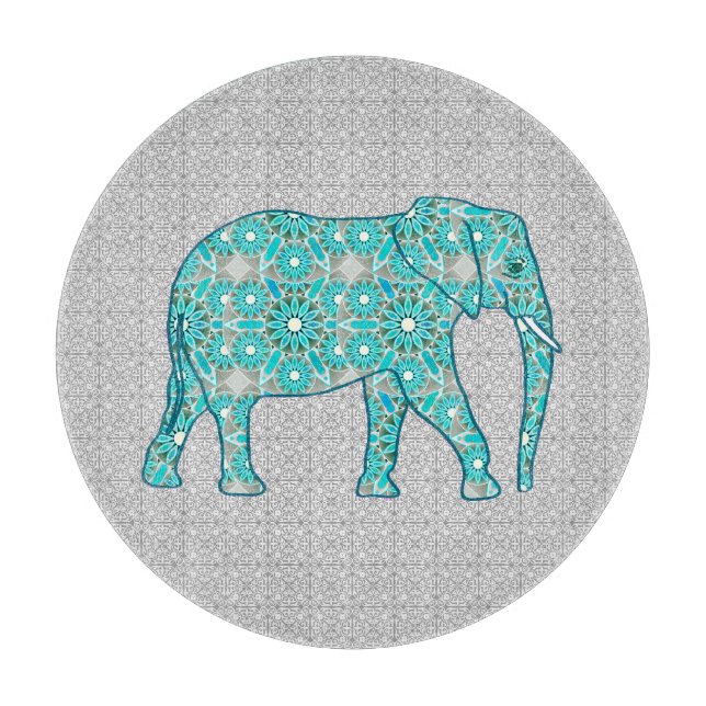 Mandala flower elephant - turquoise, grey & white cutting board (Front)