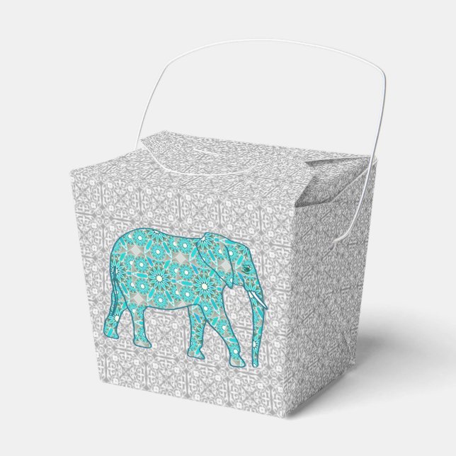 Mandala flower elephant - turquoise, grey & white favour box (Front Side)