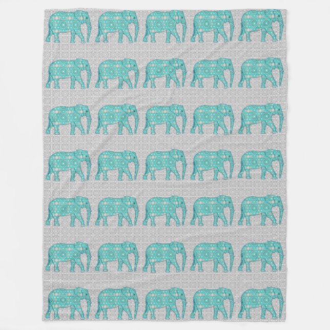 Mandala flower elephant - turquoise, grey & white fleece blanket (Front)