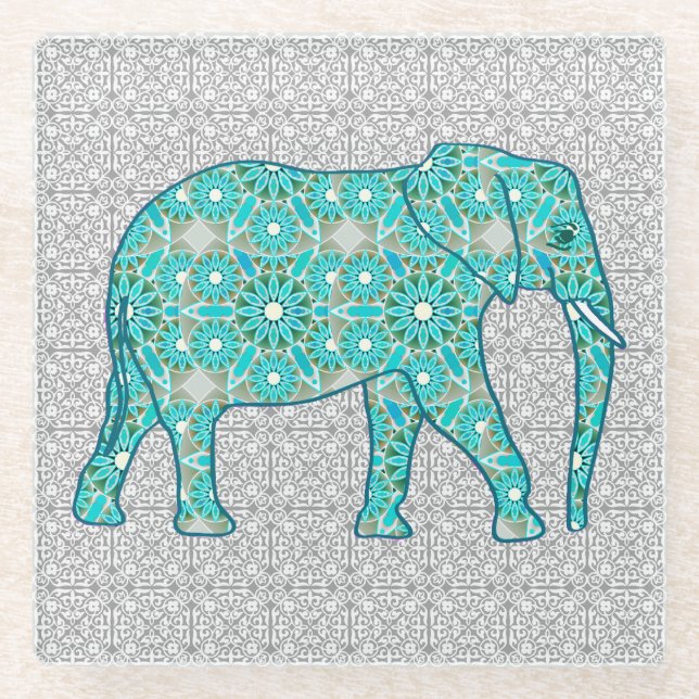 Mandala flower elephant - turquoise, grey & white glass coaster (Front)