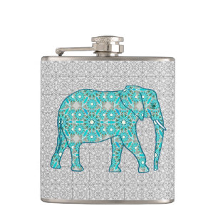 Mandala flower elephant - turquoise, grey & white hip flask