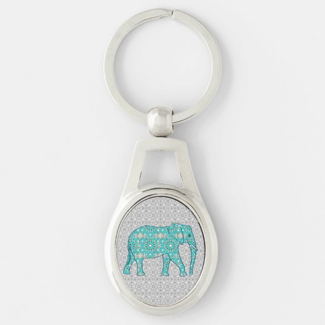 Mandala flower elephant - turquoise, grey & white key ring (Front)