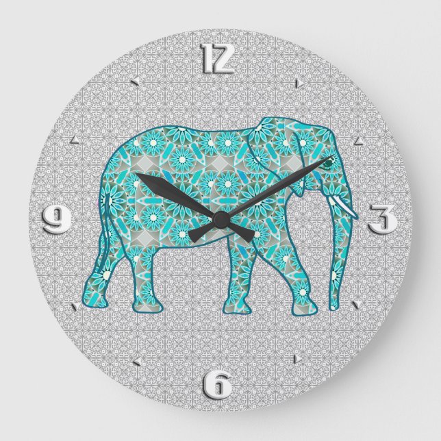 Mandala flower elephant - turquoise, grey & white large clock (Front)