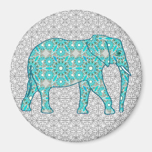 Mandala flower elephant - turquoise, grey & white magnet