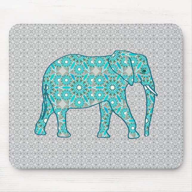 Mandala flower elephant - turquoise, grey & white mouse pad (Front)