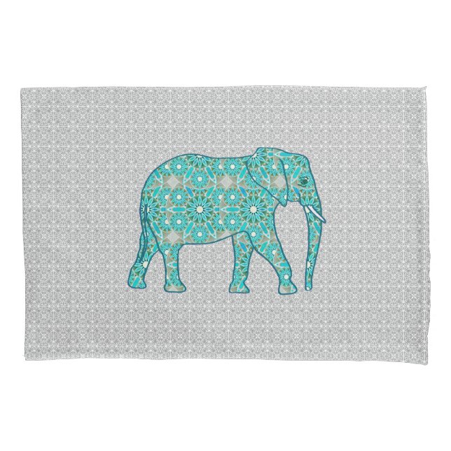 Mandala flower elephant - turquoise, grey & white pillowcase (Front)