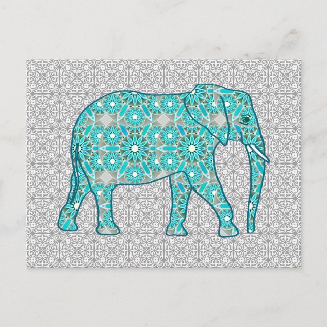 Mandala flower elephant - turquoise, grey & white postcard (Front)